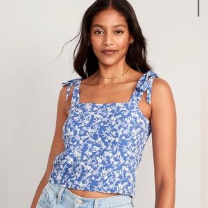 Blue Floral Fitted Tie-Shoulder Cropped Cami Top